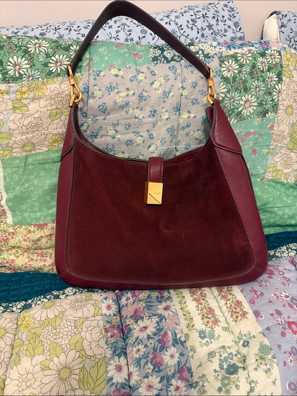 Kate Spade Deco Pebbled Leather and Suede Hobo Bag- Burgundy